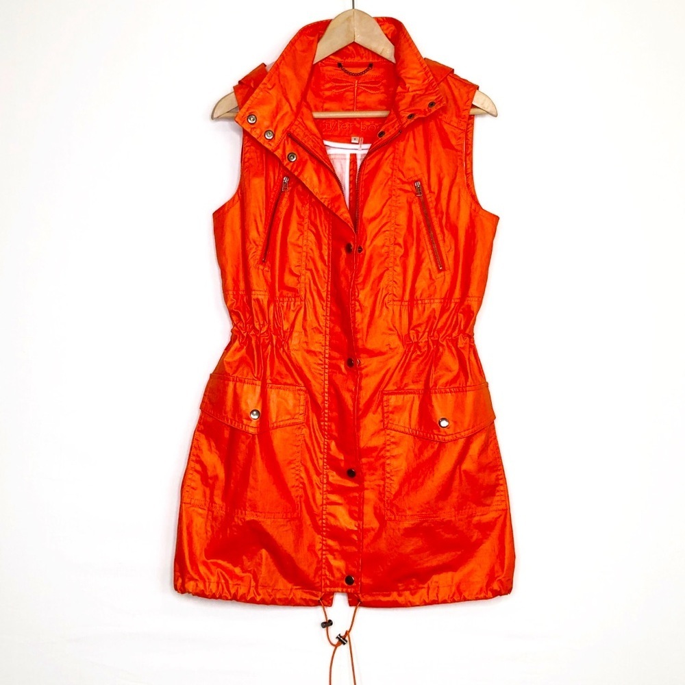 Tyler Boe Orange rain, slicker zip snap front hooded vest